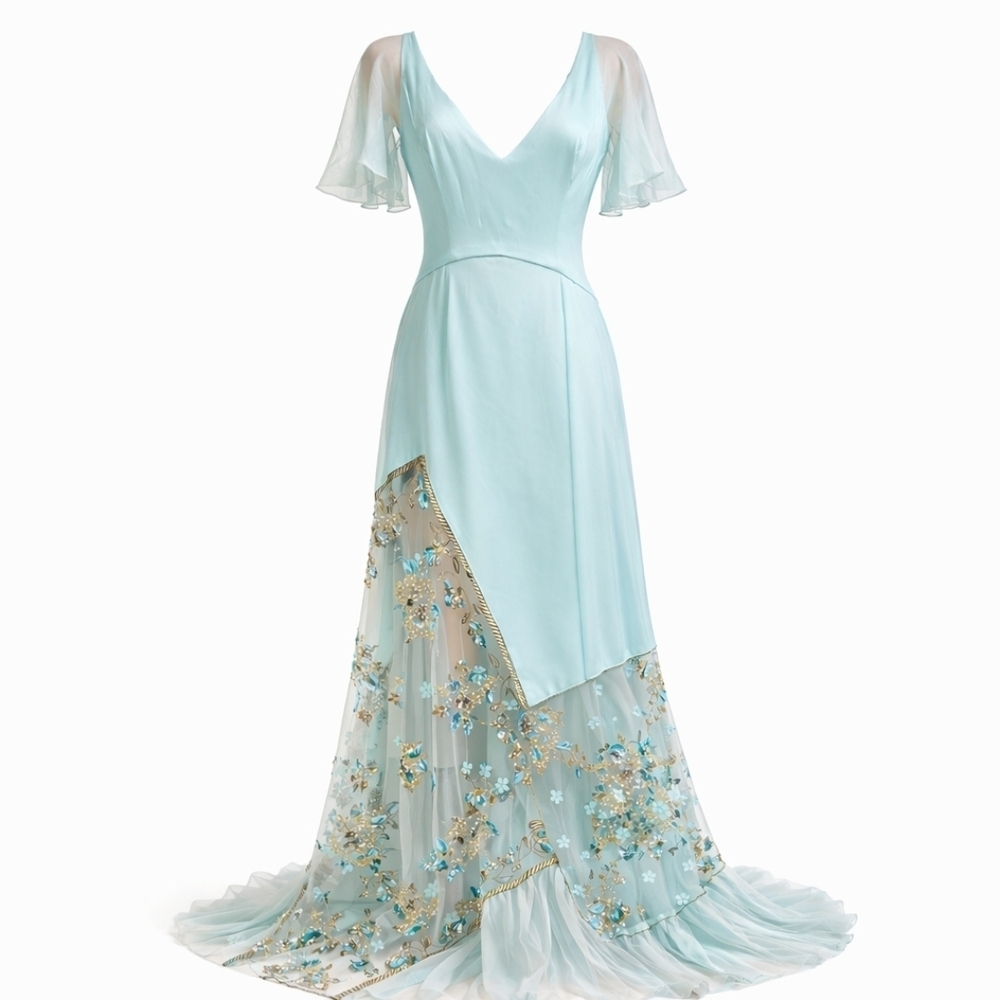 Blumarine Beaded Embroidered Aqua Gown • Made in Italy Sheer Floral Maxi Dress - Picture 6 of 15